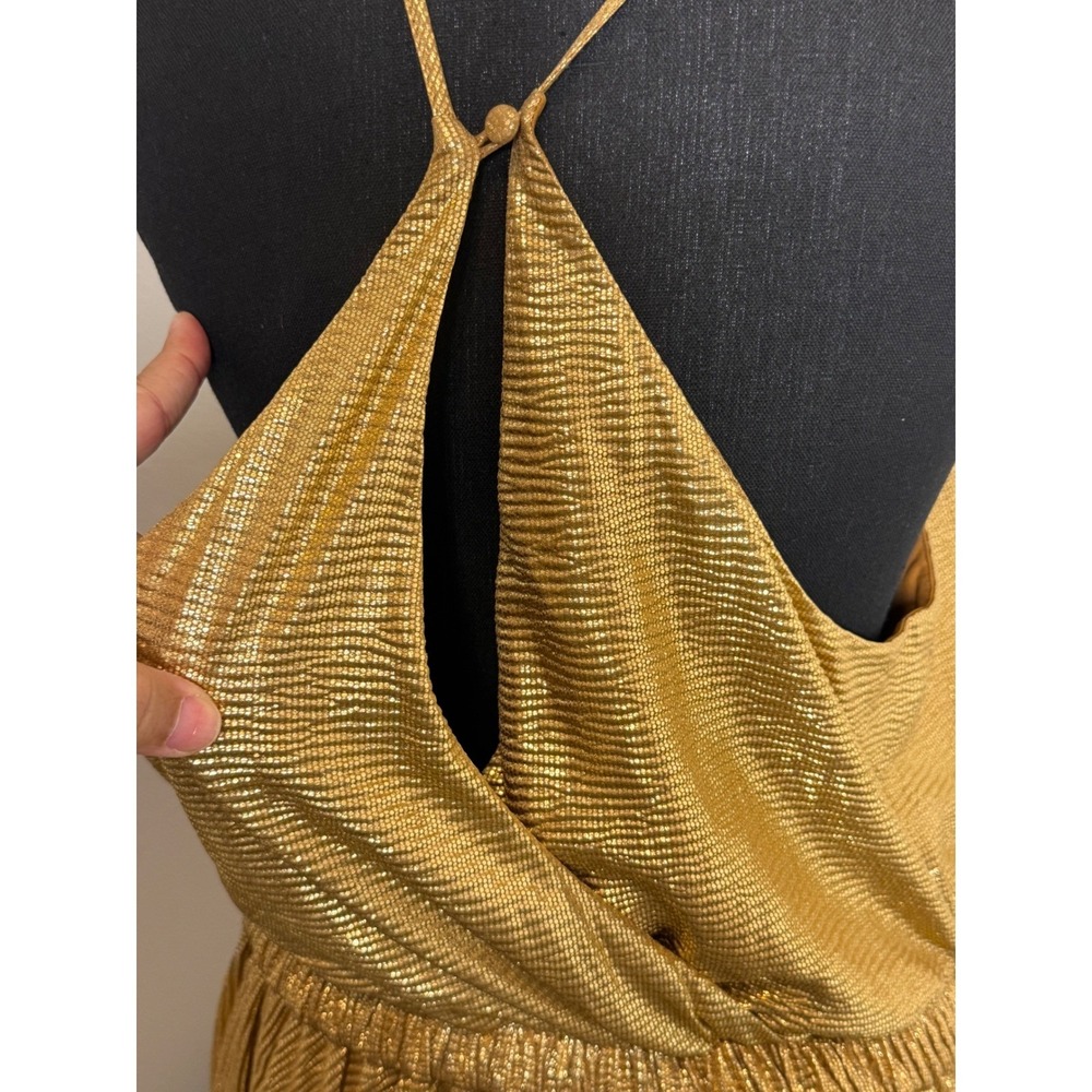 Halston Heritage Gold Metallic Pleated Halter Mini Dress Large Disco Cocktail - Picture 6 of 9
